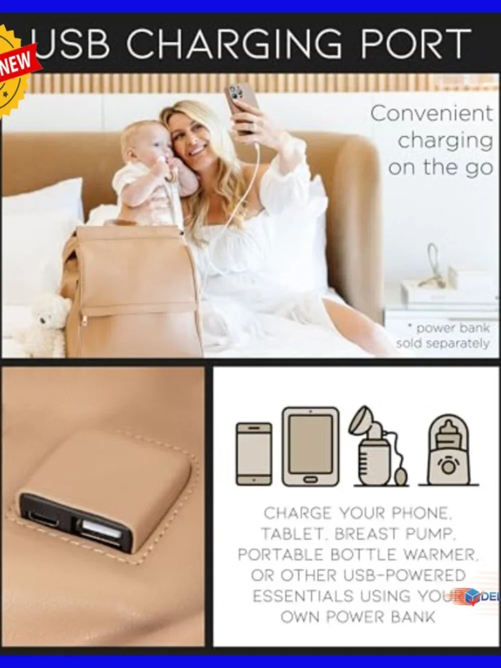 Leather Diaper Bag Backpack with USB Port, Changing Pad, Stroller Straps